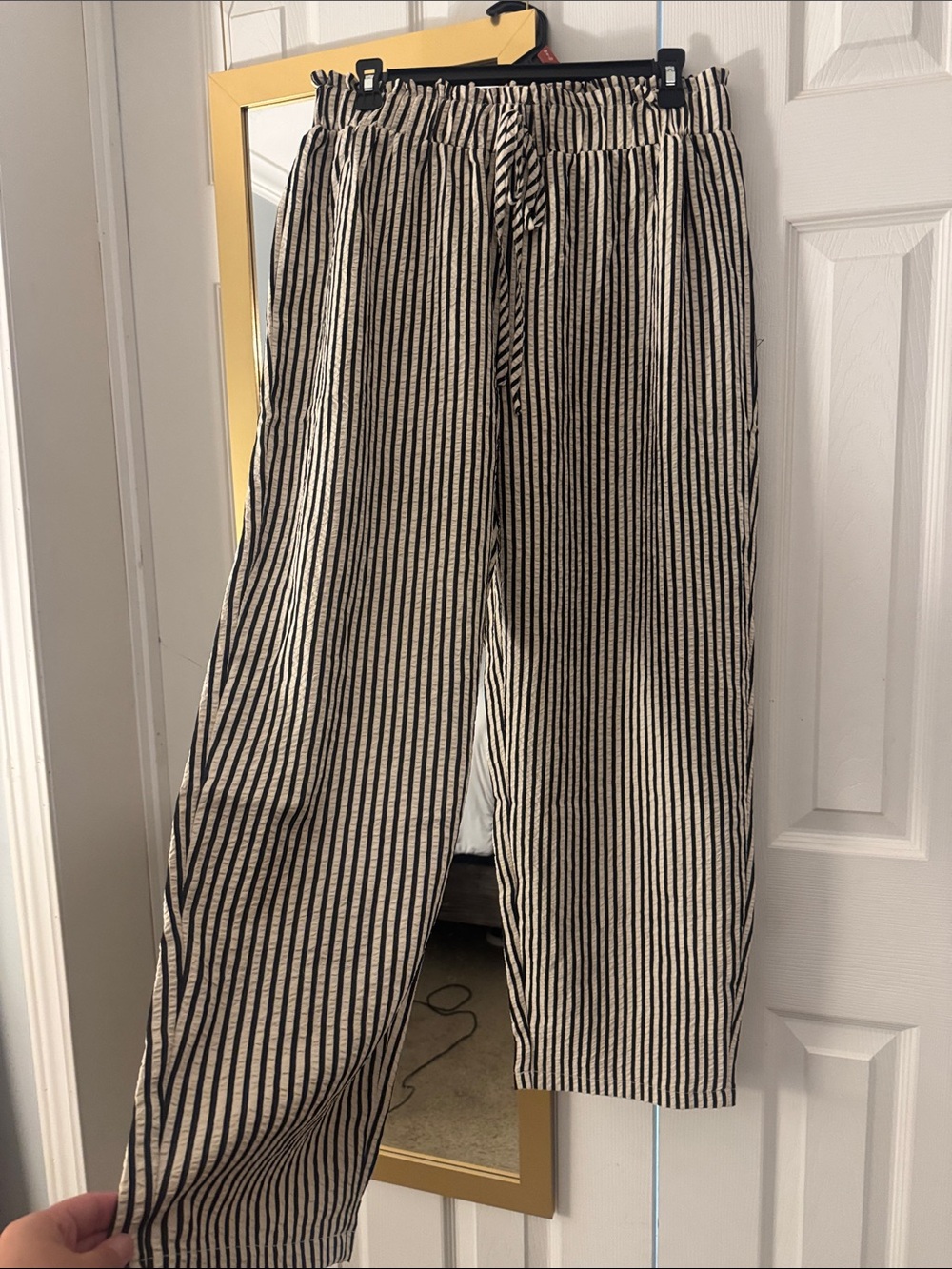 Womens Black and Cream Striped Casual Drawstring Pants